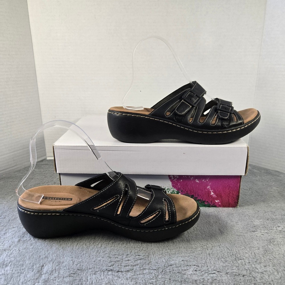 Clarks Leisa Vine Black Leather Strappy Wedge Slide Sandals Womens 8.5M - Picture 2 of 7